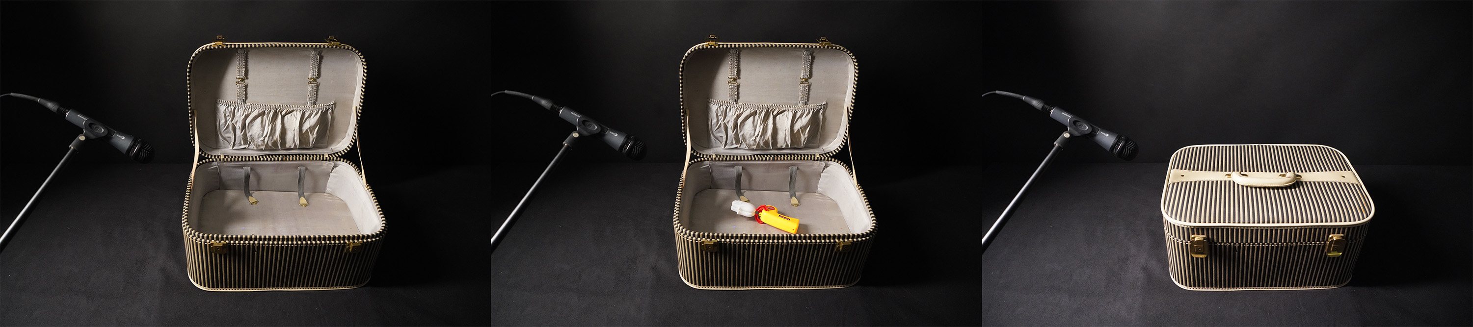 Sweepcase, an open striped suitcase next to a microphone
