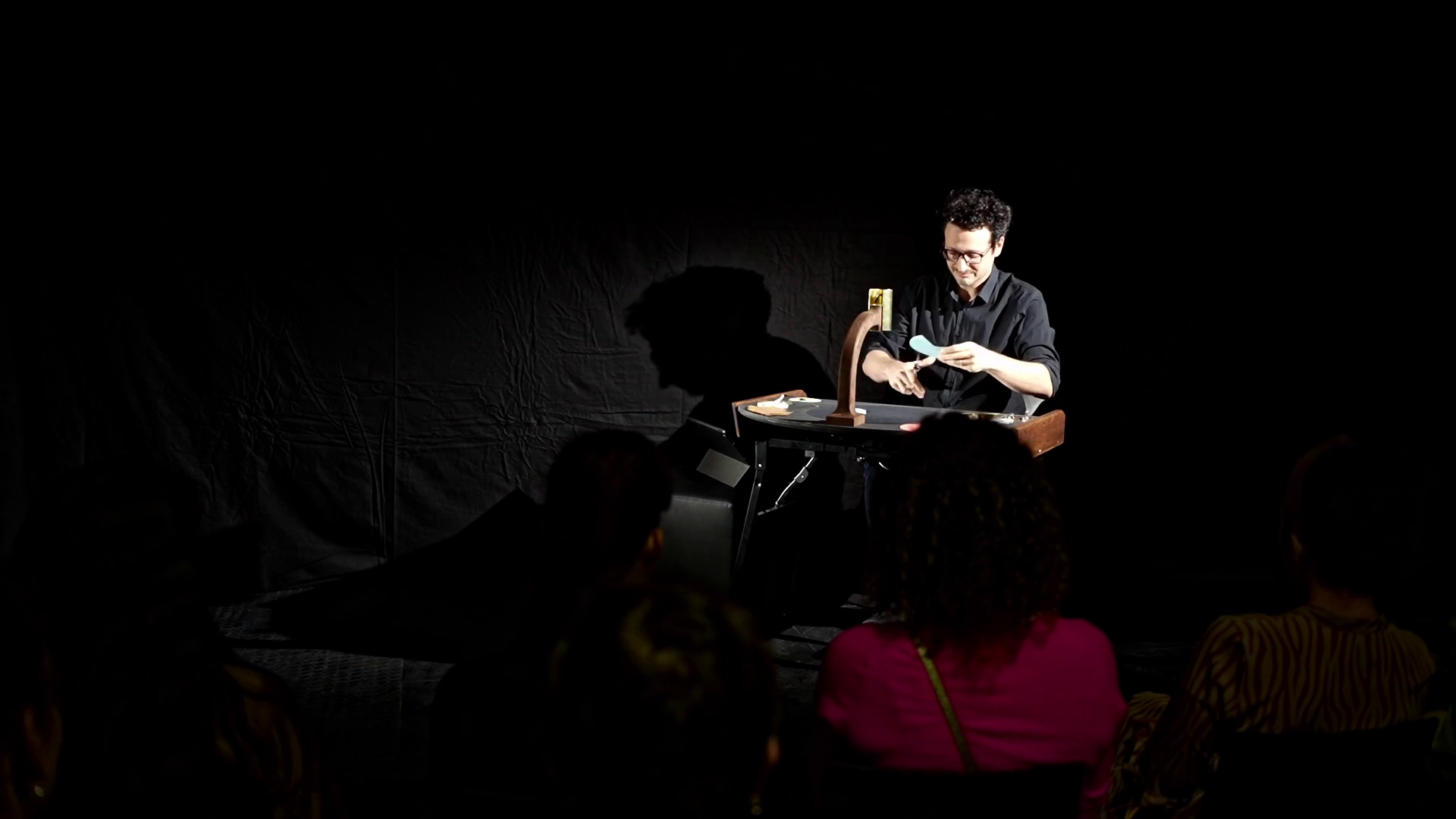 Matthias Leboucher playing the Readymade Synth prototype, moving an object on a thread across the sensing surface